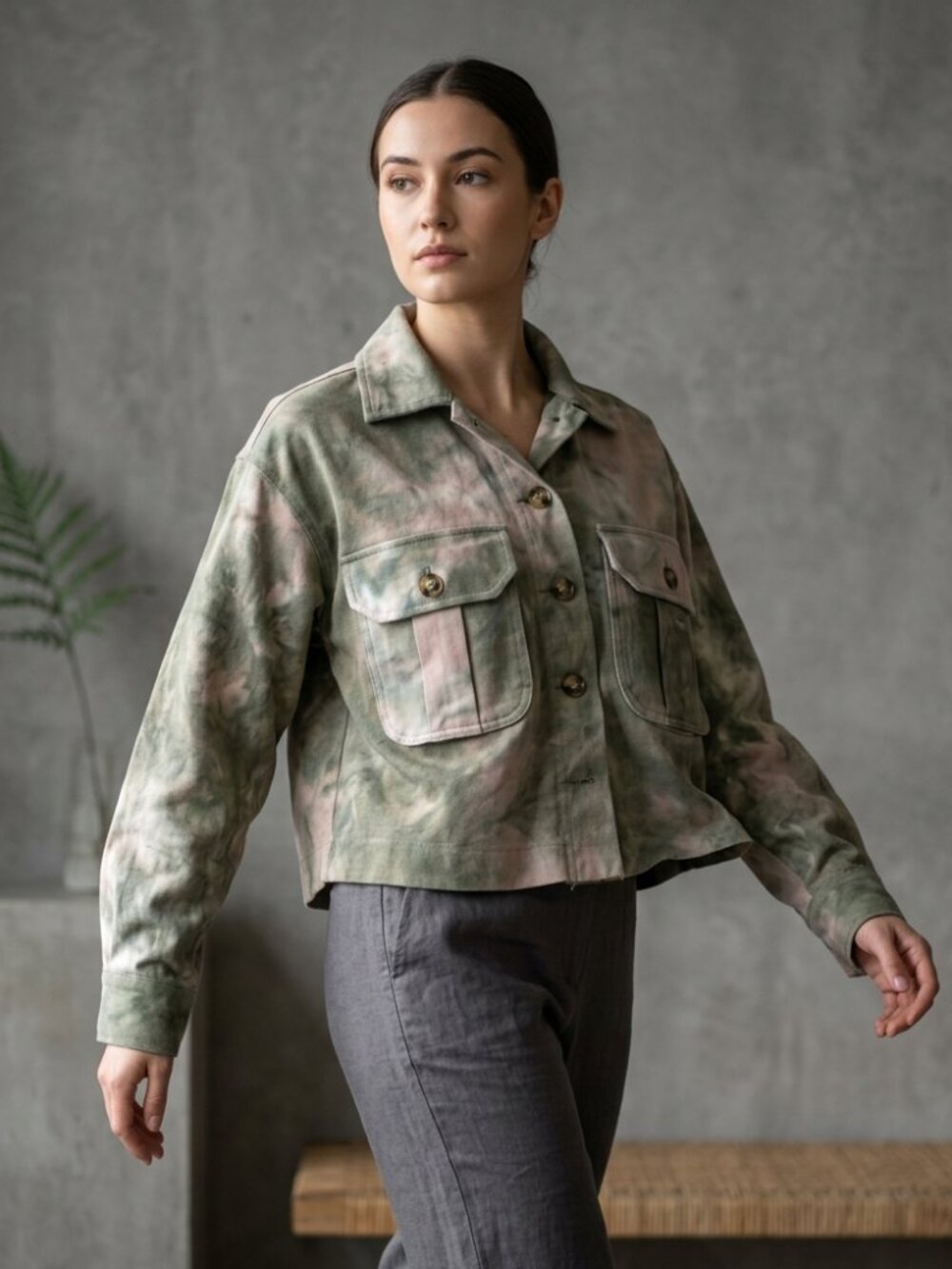 Women's Tie-Dye Utility Jacket in Green and Cream - RACHEL ZOE